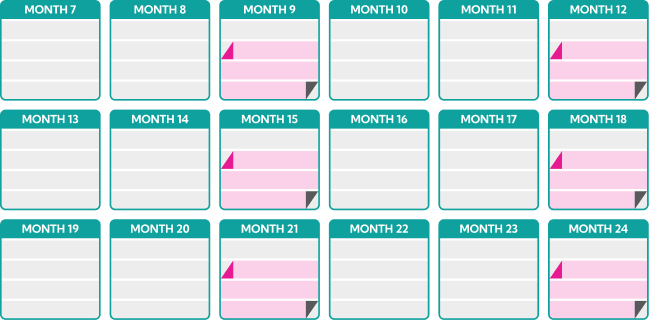 Calendar dosing schedule chart showing Months 7 to 24, with 6 total doses administered once every 12 weeks after the first 6 months, with removal of INLEXZO 3 weeks after each insertion.