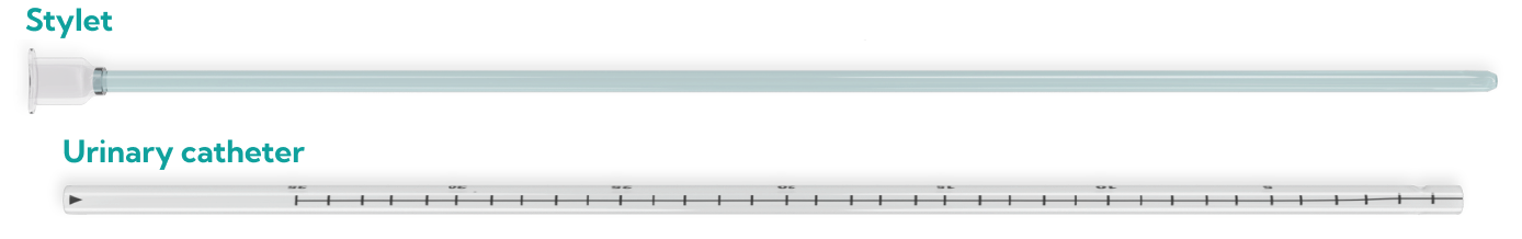 Illustrative depiction of INLEXZO package components labeling the stylet on top and the urinary catheter on the bottom.