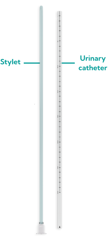 Illustrative depiction of INLEXZO package components labeling the stylet on top and the urinary catheter on the bottom.